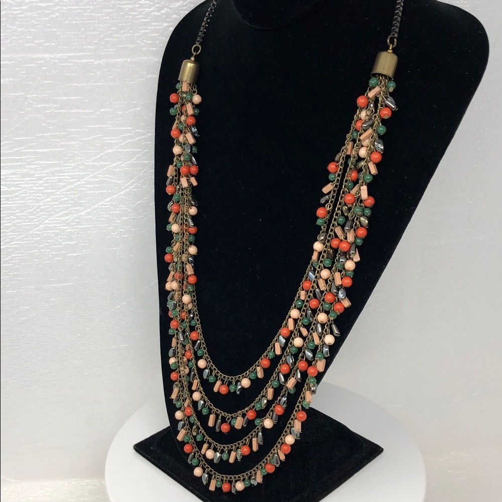 Bohemian Four Strand Coral and Peach Beaded Necklace Lobster Claw Clasp - Picture 3 of 8
